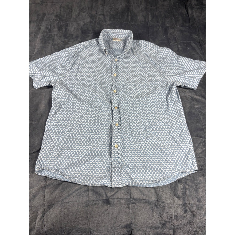 Faherty Brand Mens XL‎ Blue White Fish Scale Scallop Print Short Sleeve Shirt
